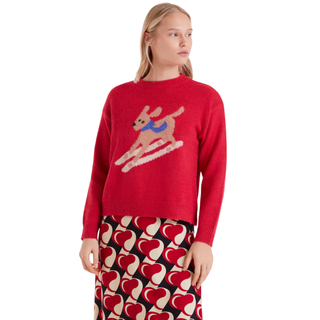 Jacquard Sweater with Skiing Dog Print