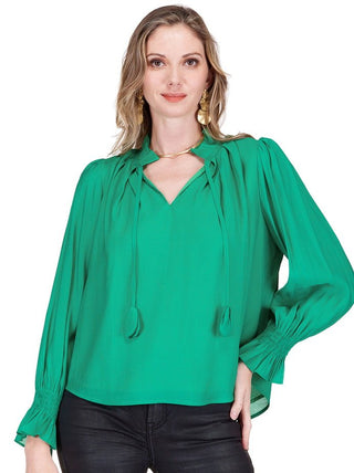 JADE SPLIT RUFFLES NECK TOP, EMERALD