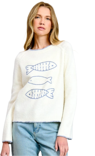 Fish Motif Crewneck - White
