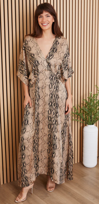 MILIO MILANO V-NECK DOLMAN MAXI DRESS IN CAMEL SNAKE