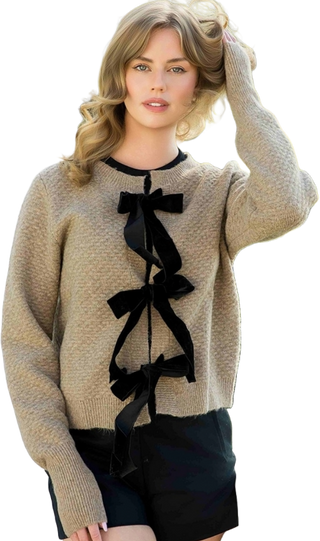 Velvet Bow Front Knit Cardigan