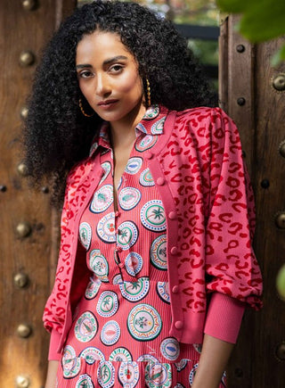 EMILY LOVELOCK SHERRY JAQUARD KNIT CARDIGAN FLAME SCARLET