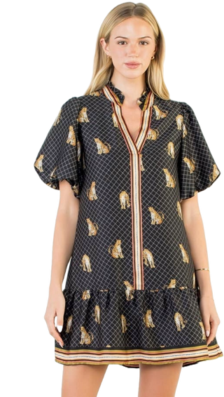 Puff Sleeve Leopard Print V-Neck Dress