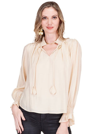 JADE SPLIT RUFFLES NECK TOP, OAK