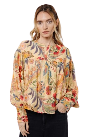 Ciebon Milena Long Sleeve Button Down Top, Butter Multi
