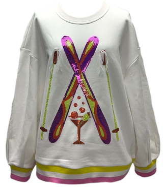 QUEEN OF SPARKLES WHITE RHINESTONE CROSSING SKI & COCKTAIL SWEATSHIRT
