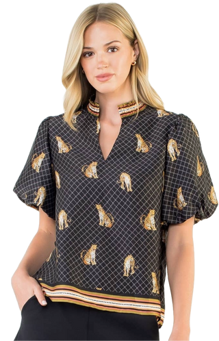 Puff Sleeve Leopard Print V-Neck Top