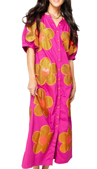 Queen of Sparkles Purple, Gold, & Red Oversized Flower Button Up Maxi Dress