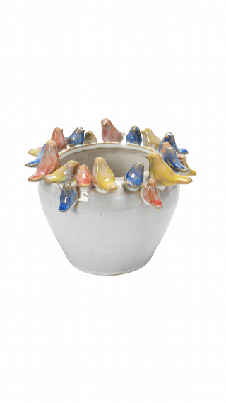 Colorful Birds Glazed Planter