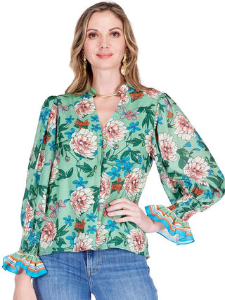 JADE SPLIT V-NECK BLOUSE, DAHLIA BORDER