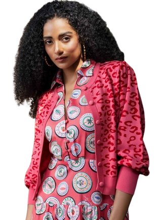 EMILY LOVELOCK SHERRY JAQUARD KNIT CARDIGAN FLAME SCARLET