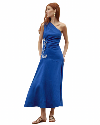 Seahorse Blue Embroidery One Shoulder Dress