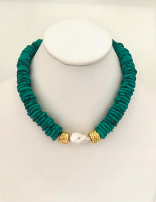 Knotty Bling Casa Green Turq Disc Beads with Baroque Pearl