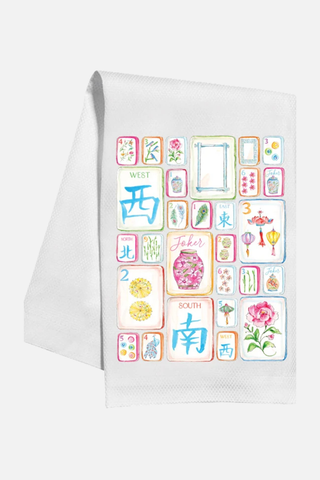 Rosanne Beck Kitchen Towel-Mahjong Tiles with Birdsand Flowers