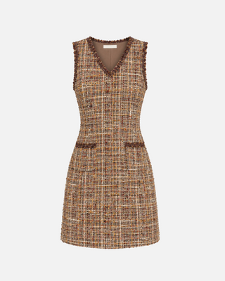 Jade V- Neck Trimmed Pocket Dress, Brown Tweed