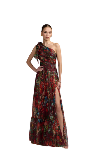 Side Cut Out One Shoulder Gown, Wine Multi