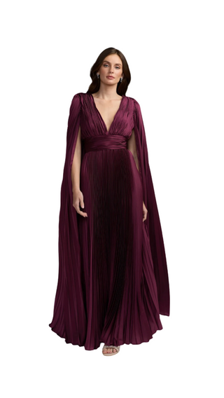Pleated Charmeuse V Neck Gown with Cape