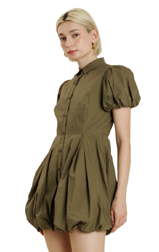 Aureum Bubble Hem Mini Shirt Dress, Olive
