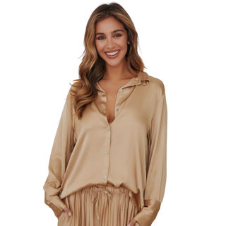 Silky Button Down L/S Top in Champagne
