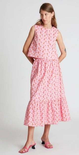 COMPANIA FANTASTICA PINK EMBROIDERED FLORAL MIDI SKIRT