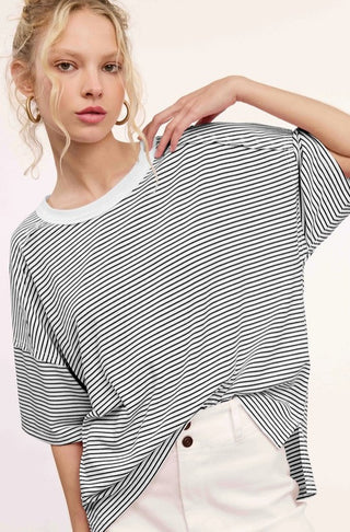 La Miel Basic Striped Drop Shoulder Short Sleeves Top, Black