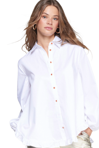 Twill Blouse with Ruffle Detail in White