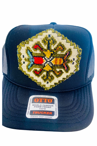 Patch Trucker Hat in Black - Blue/Green Patch