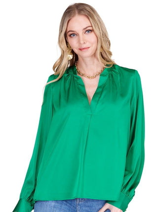 JOY JOY PLACKET V-NECK TOP, EVERGREEN