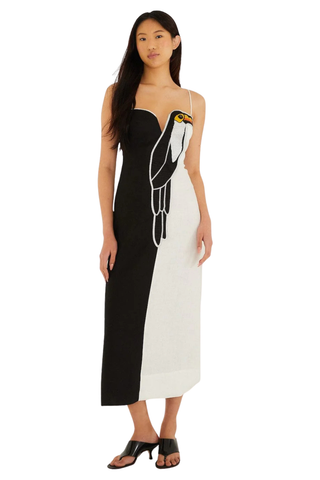 Black and White Embroidered Toucan Sleeveless Maxi