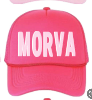 Hot Pink MORVA Trucker Hat, White/Light Pink Letters