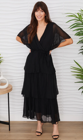 MILIO MILANO EMPIRE WAIST TIERED SILK DRESS W/SASH BLACK
