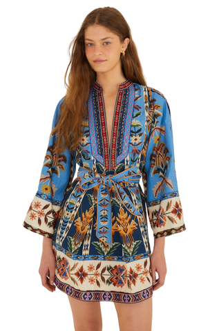 Embroidered Tapestry Blue Mini Dress