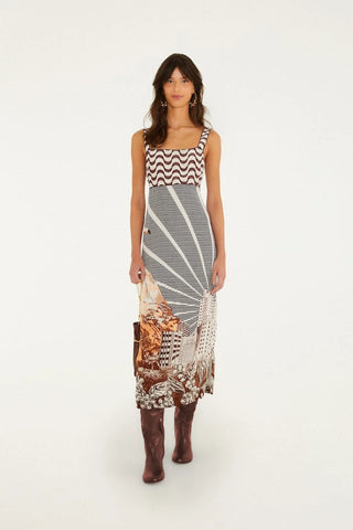 Mixed Carioca Coffee Scarves Sleeveless Midi Dress