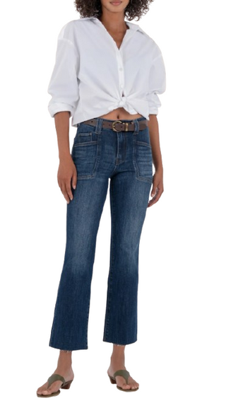 Kut Kelsey High Rise Flare Front Pockets Inset Raw Hem, Precocious